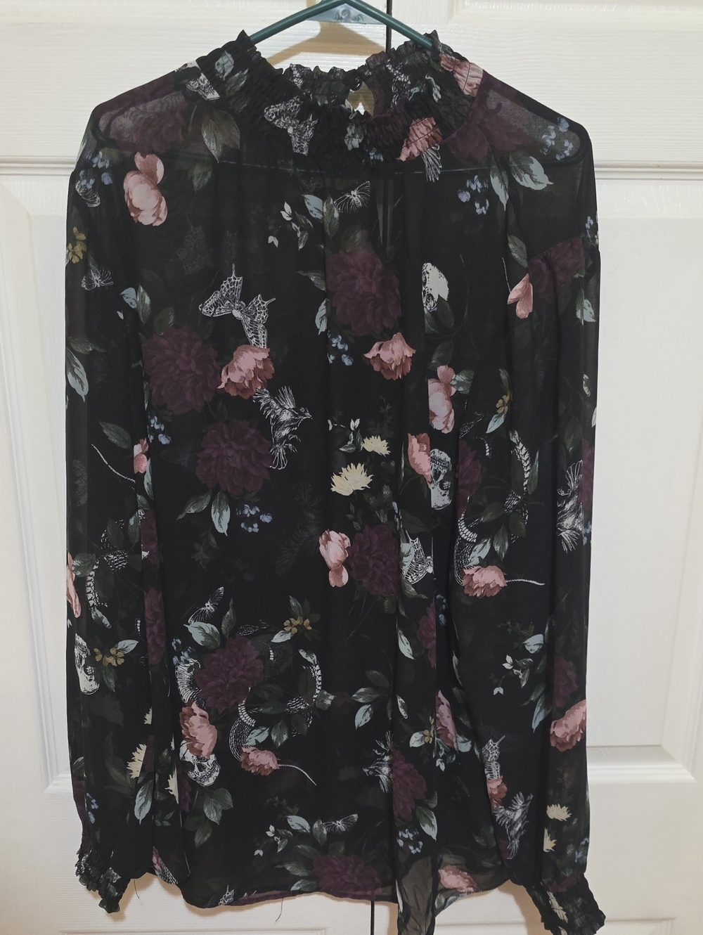 Floral High-Neck Long Sleeve Blouse - Black with Pink & Plum Flowers